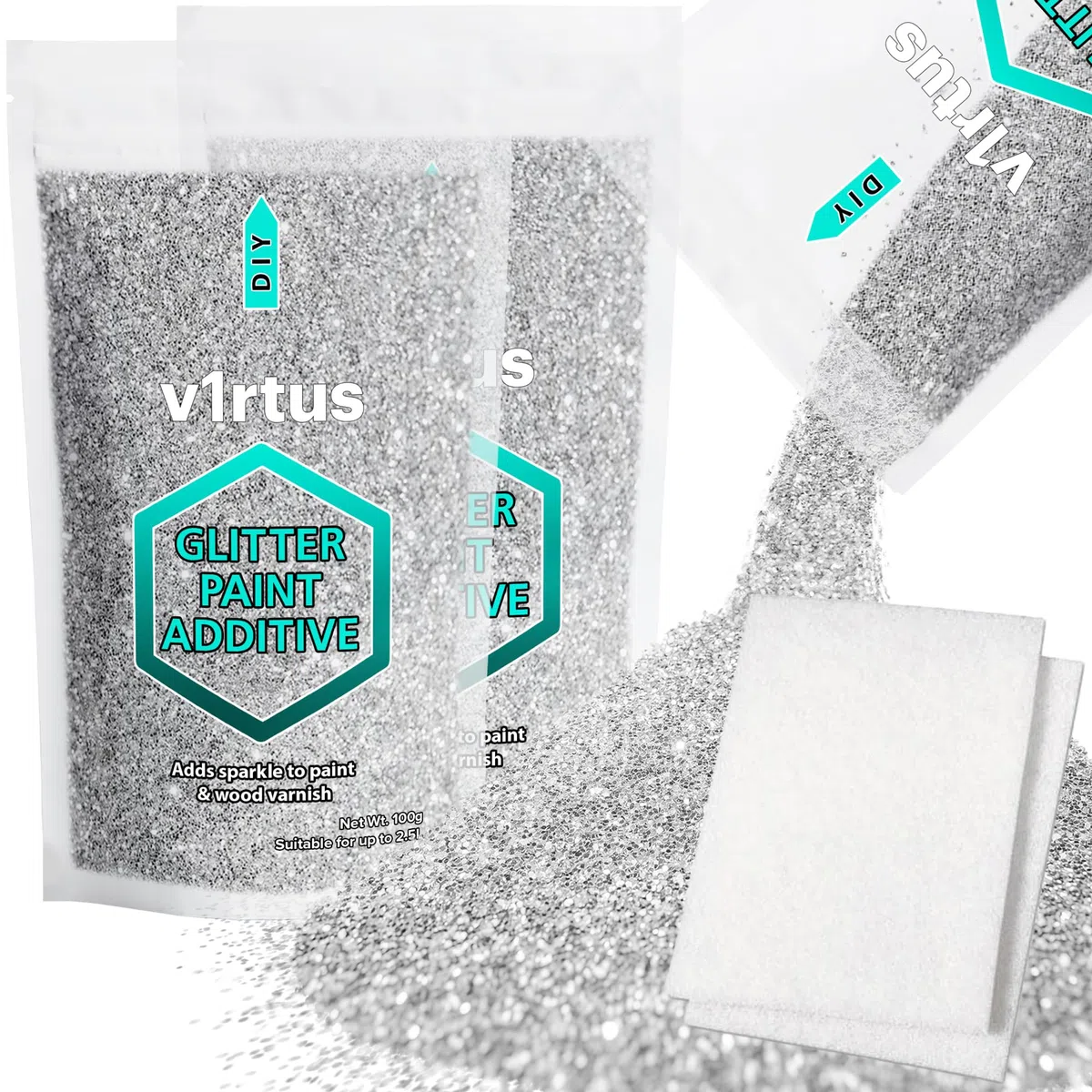Lot de 2 sacs de 100 g d’additif de paillettes argentées pour peinture et 2 tampons de polissage