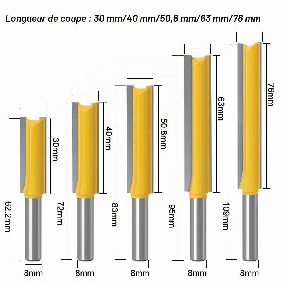 ASNOMY 5Pcs 8mm Flush Trim Router Bits Extra Long Mèches Carbide Router Bits à Bois Fraise à Menuiserie - Pour bois, longueur de coupe extra longue : 30 mm, 40 mm, 50 mm, 63 mm, 76 mm
