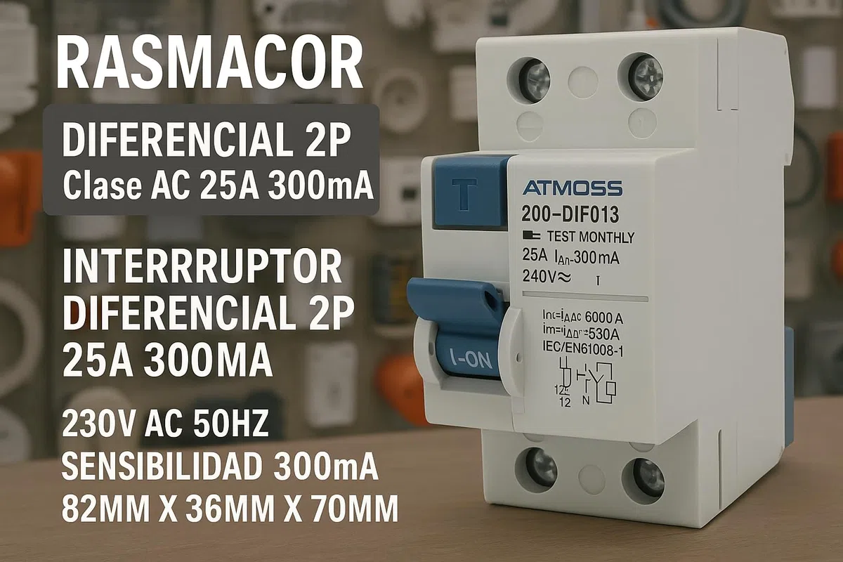 RASMACOR | Interrupteur DIFFÉRENTIEL 2P 6KA Classe AC 25A 300mA | Interrupteur différentiel 2P 25A 300MA | 230V CA 50HZ | Sensibilité 300MA | 82 mm X 36 mm X 70 mm |