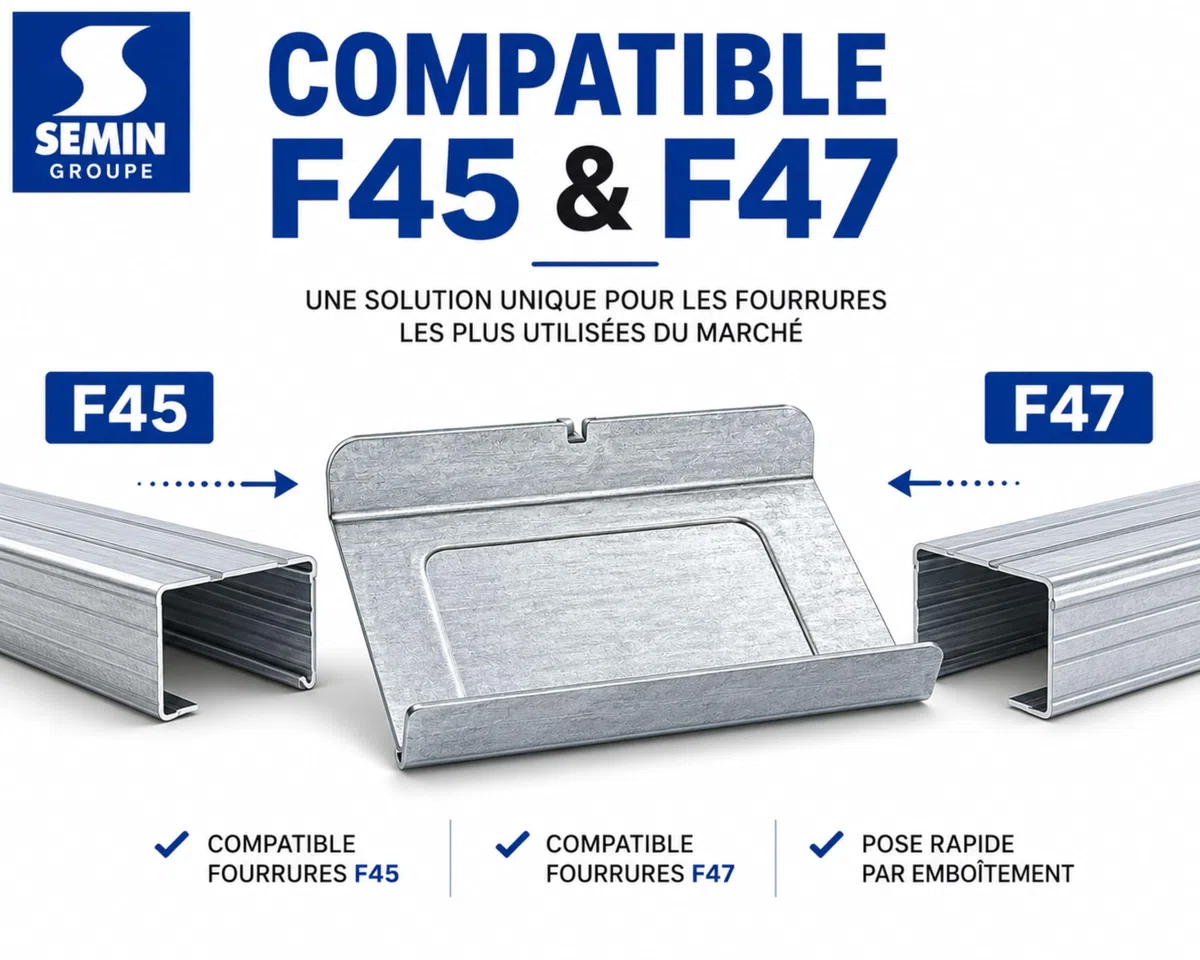 SEMIN Raccord de Fourrure RAC 47 – Boîte de 50 Pièces – Acier Galvanisé – Compatible Fourrures 45 et 47 mm – Jonction Profilés pour Plafond Plaque de Plâtre – Pose Rapide