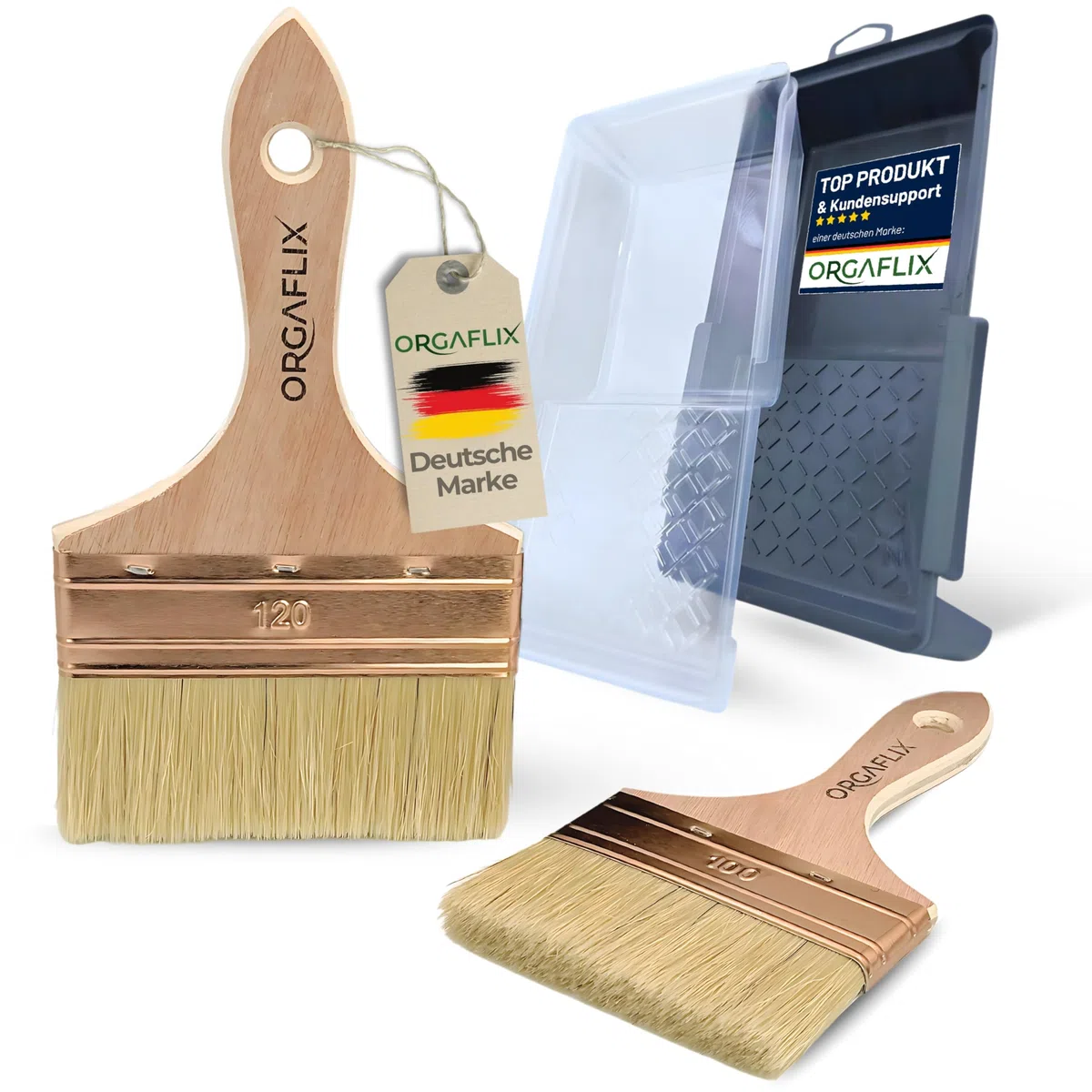 ORGAFLIX Kit de peinture 120 mm + 100 mm avec bac à peinture 15 x 30 cm + 2 inserts pour huile, vernis, lasure, teinture, acrylique, peinture à la craie, meubles, pinceau large, pinceau de peinture