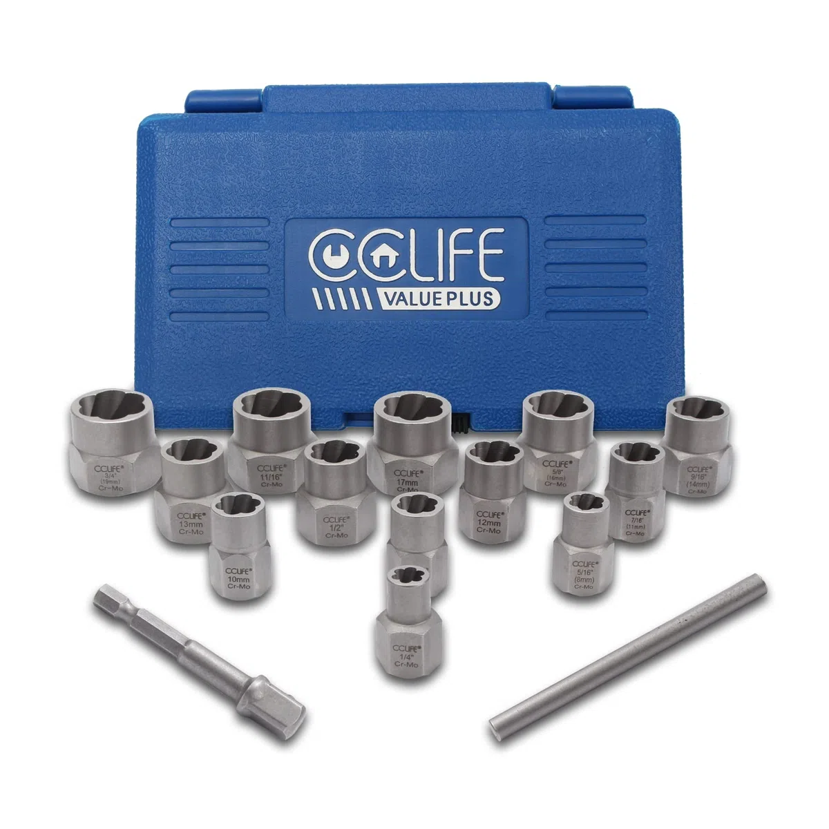 CCLIFE 15pcs Coffret douille extracteurs de boulons et d'écrousl, extracteur d'ecrou endommagés Cr-Mo Matériau 8-19mm,Entraînement carré 3/8'