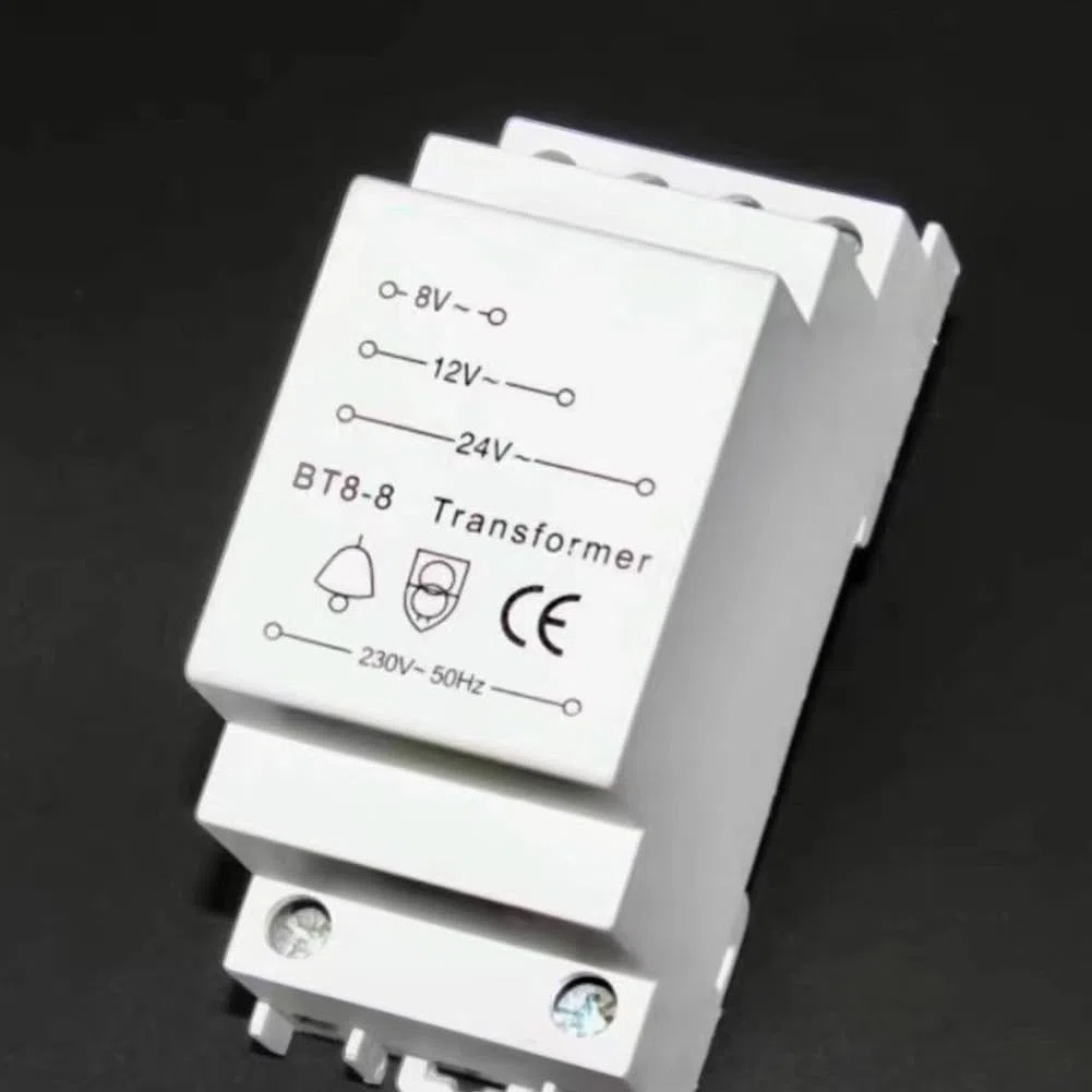 Transformateur de sonnette multi-tension 8 V 12 V 24 V, transformateur de sonnette de porte compatible avec sonnerie/carillon/porte intelligente, rail de guidage standard de 35 mm, fonctionnement