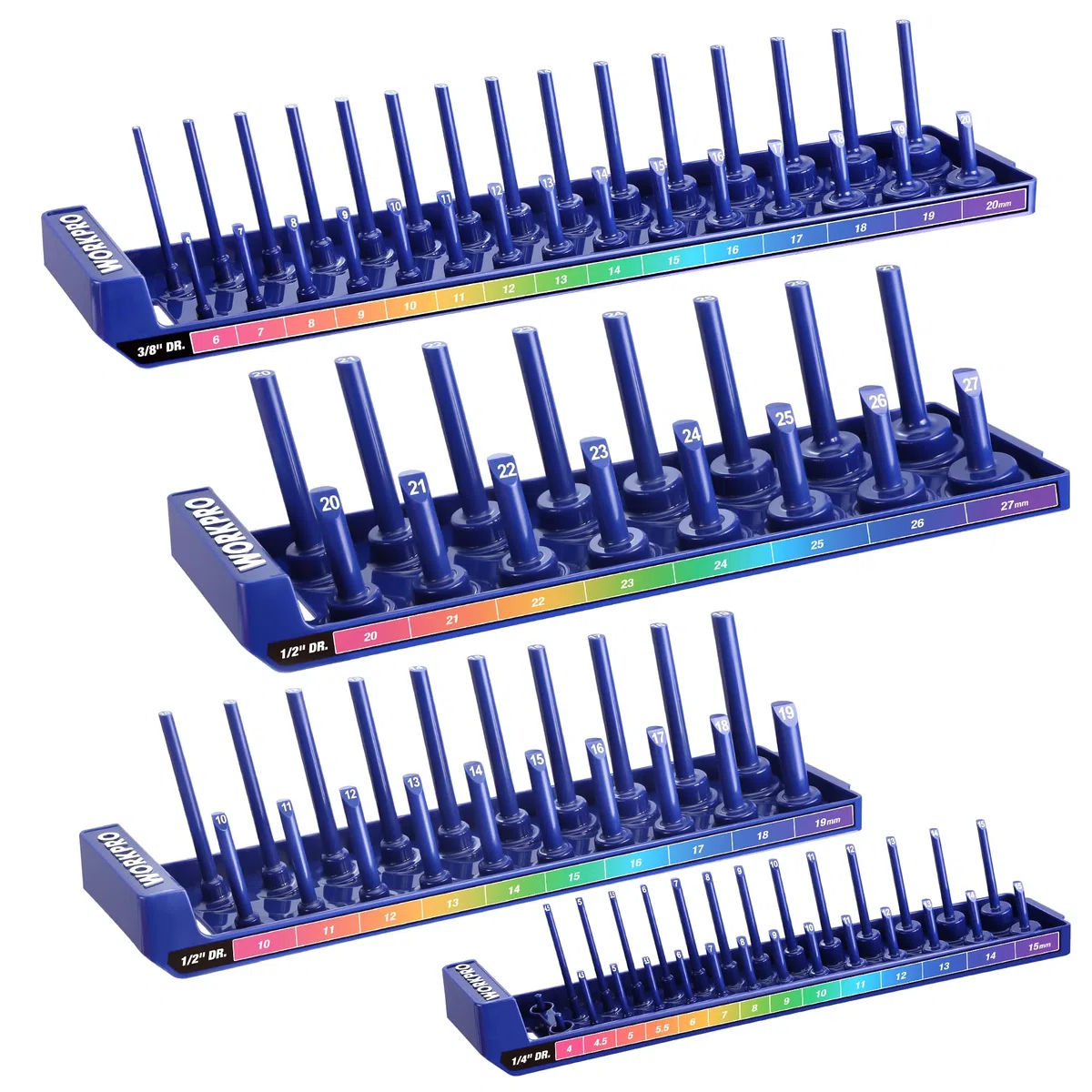 WORKPRO Kit d'Organisateur de Douilles 4 Pièces, 1/4", 3/8", 1/2" pour Douilles Métriques, Support de Rangement pour Douilles avec Plateau de Stockage, Porte-Douilles Shadow pour Organiser vos Outils