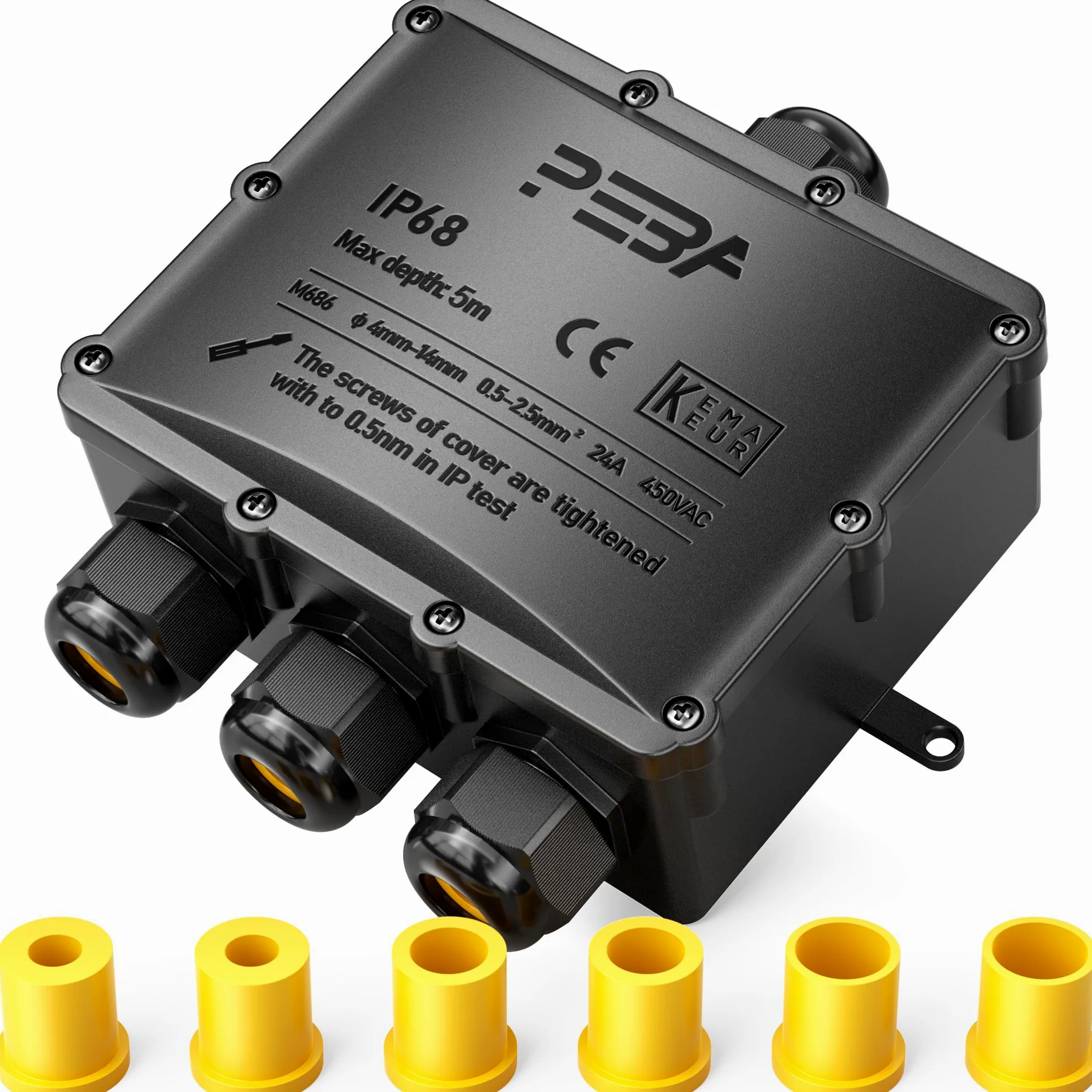 PEBA Boîte dérivation étanche extérieur IP68, Connecteur étanche etanche à 4 Voies pour câble de 4-14 mm de diamètre, Boîtes de jonction extérieur pour jardin et câble souterrain, Noir