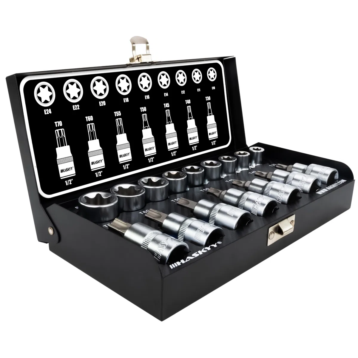 HASKYY Professional 16 pièces Jeu de douilles Torx d'embouts I Jeu d'écrous I T30-T70 55mm de long I E10-E20 39mm de long