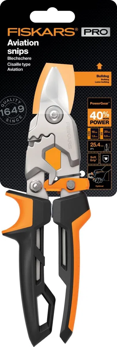 Fiskars Cisaille Aviateur, Coupe Droite, Jusqu'à 40% de puissance en plus, Longueur 25 cm, Acier/Plastique, Noir/Orange, PowerGear, 1027207