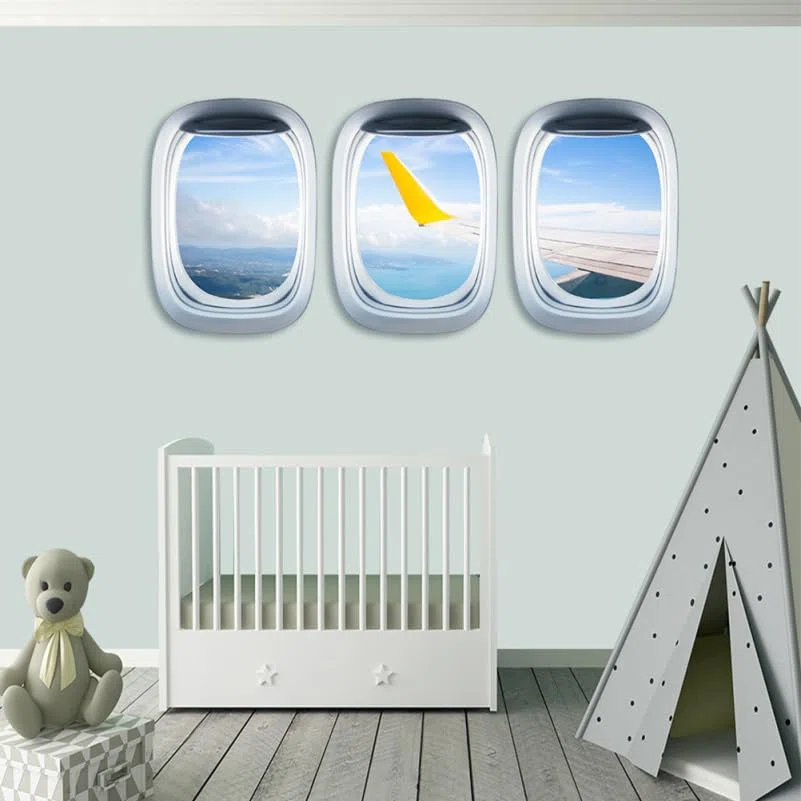 CLISPEED Lot de 3 feuilles d'autocollants muraux amovibles pour fenêtre d'avion - Matériau pour la maison, le bureau, la décoration murale d'avion pour chambre à coucher, salon
