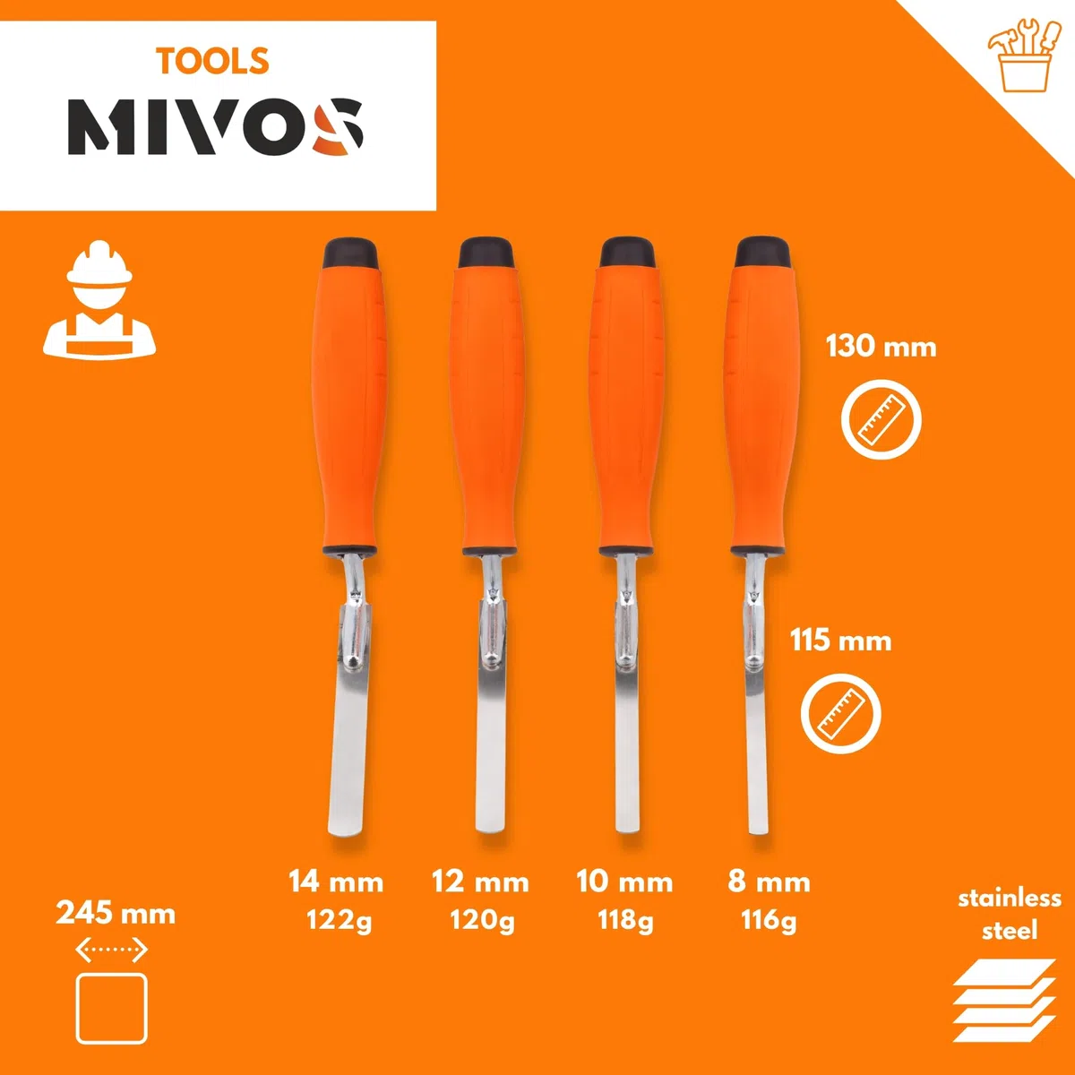 Mivos Lot de 4 truelles à Joints en Acier Inoxydable - Largeur 8 10 12 14 mm - avec poignée Souple et Lame Flexible en Acier Inoxydable - Truelle à Joints pour jointoiement Briques et Briques de