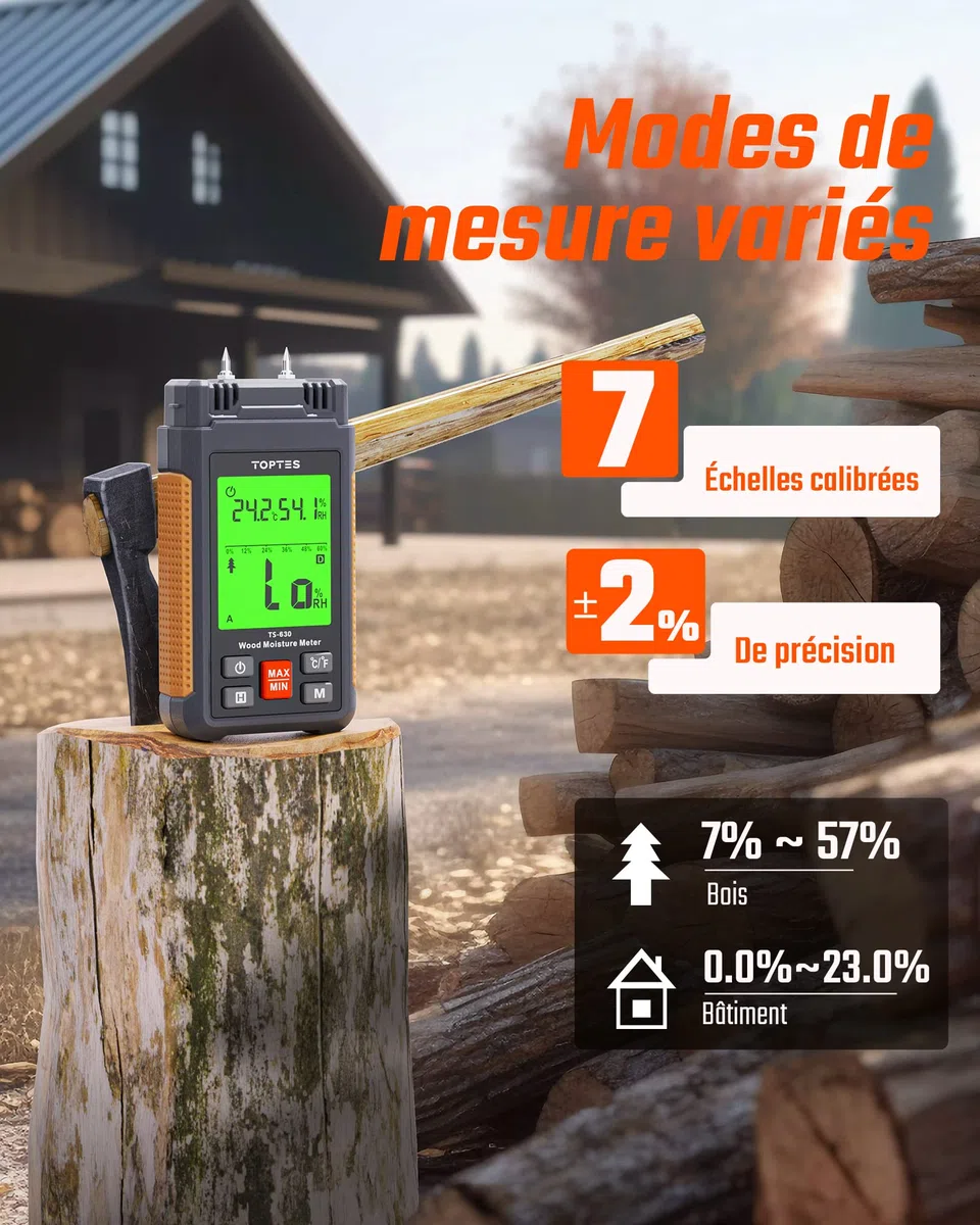 Testeur Humidité, TopTes TS630, Contrôle Rapide Teneur Bois Chauffage & Mur Construction, Grand Écran Rétroéclairé Tricolore, avec 7 Modes, Batterie Incluse